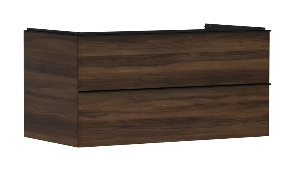 Waschtischunterschrank in Dunkelbraun mit zwei Schubkästen. Oberfläche im Holzlook, geeignet für Aufsatzwaschtische, von der Marke Hansgrohe.